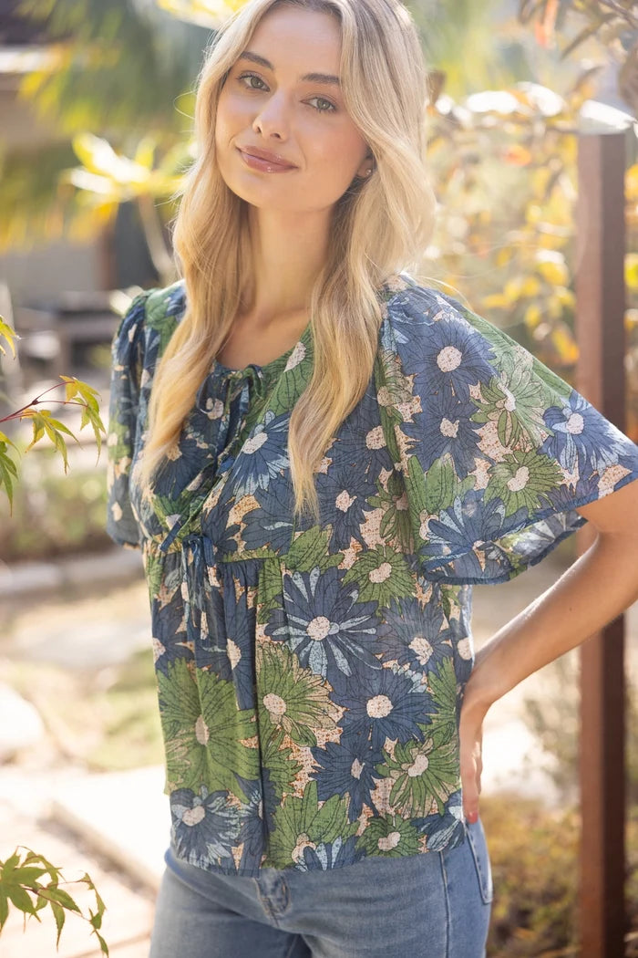 Ribbon Tie Summer Floral Printed Top Blue 35271