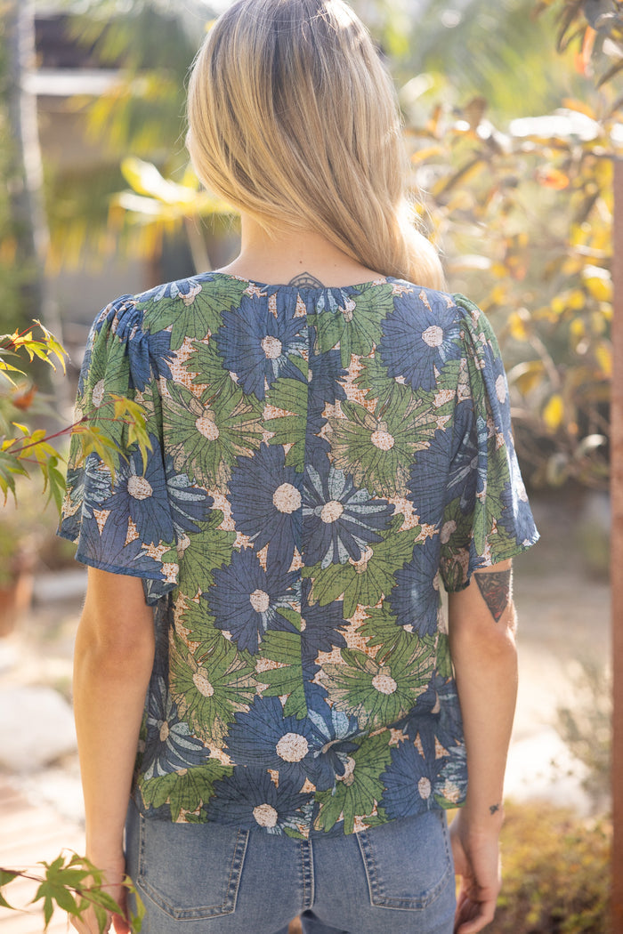 Ribbon Tie Summer Floral Printed Top Blue 35271