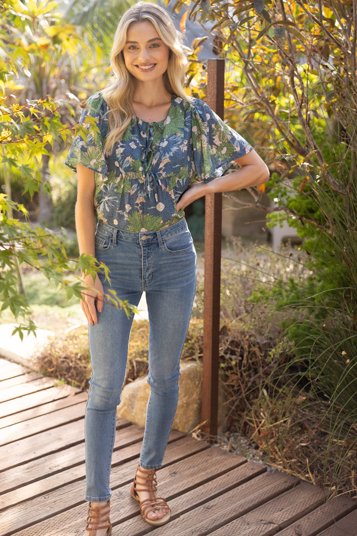 Ribbon Tie Summer Floral Printed Top Blue 35271