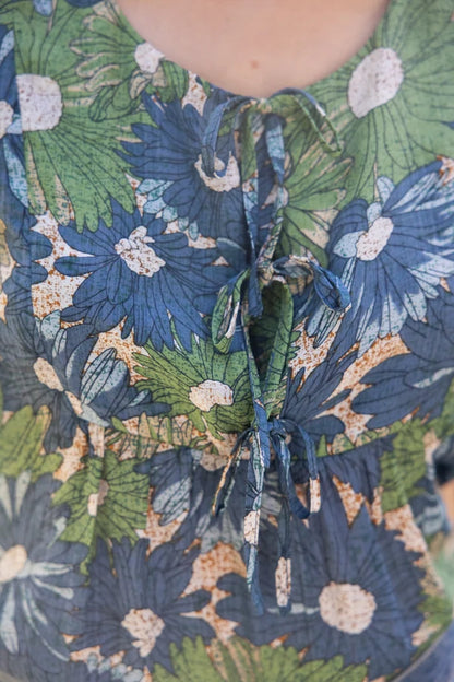 Ribbon Tie Summer Floral Printed Top Blue 35271
