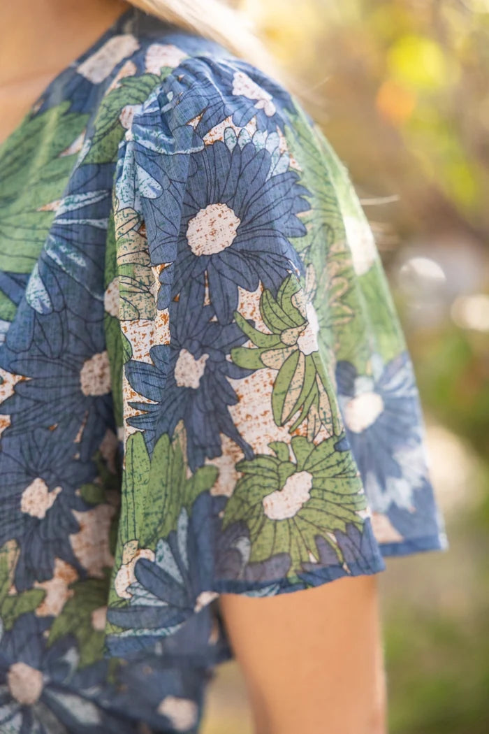 Ribbon Tie Summer Floral Printed Top Blue 35271