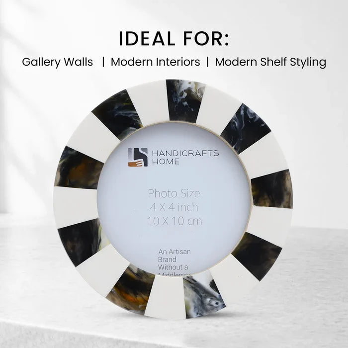 Round Resin Inlay Baby Picture Frame 4x4 Black white Nursery Decor