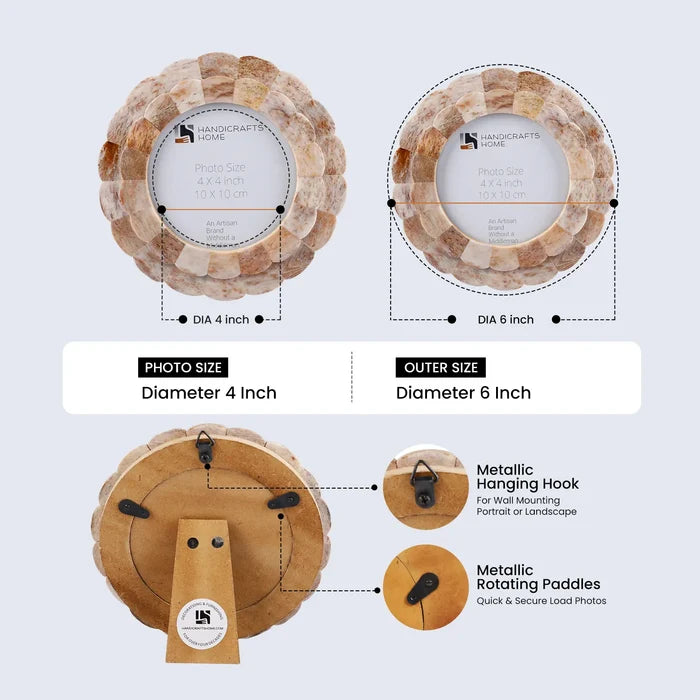 Scalloped Picture Frame | Brown Bone Inlay | 4 In Round Photo Frame