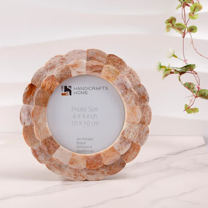 Scalloped Picture Frame | Brown Bone Inlay | 4 In Round Photo Frame