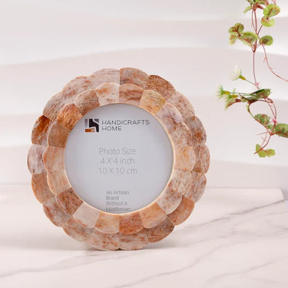 Scalloped Picture Frame | Brown Bone Inlay | 4 In Round Photo Frame