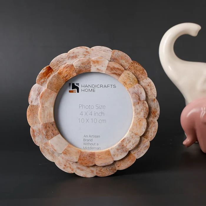 Scalloped Picture Frame | Brown Bone Inlay | 4 In Round Photo Frame