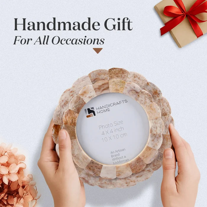 Scalloped Picture Frame | Brown Bone Inlay | 4 In Round Photo Frame