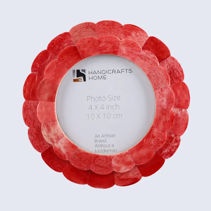 Handmade Scalloped Picture Frame - Red Bone Inlay - 4 In Round Photo Frame, for tabletop or wall display
