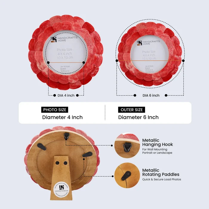 Scalloped Picture Frame | Red Bone Inlay | 4 In Round Photo Frame