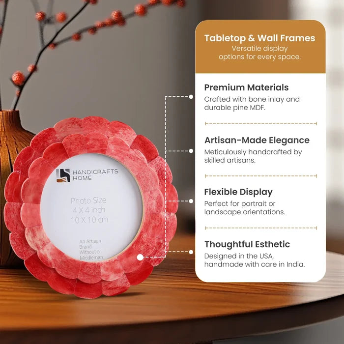 Scalloped Picture Frame | Red Bone Inlay | 4 In Round Photo Frame
