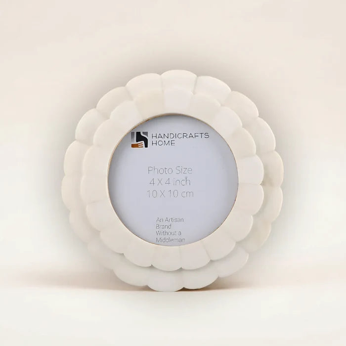 Handmade Scalloped Picture Frame - White Bone Inlay - 4 In Round Photo Frame, for tabletop or wall display