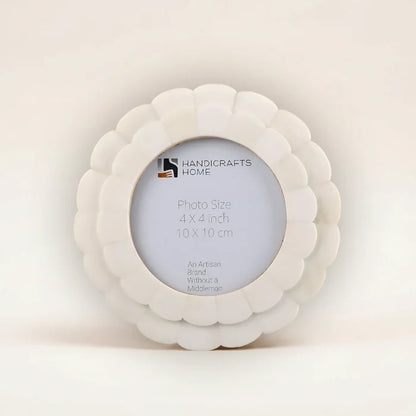 Handmade Scalloped Picture Frame - White Bone Inlay - 4 In Round Photo Frame, for tabletop or wall display