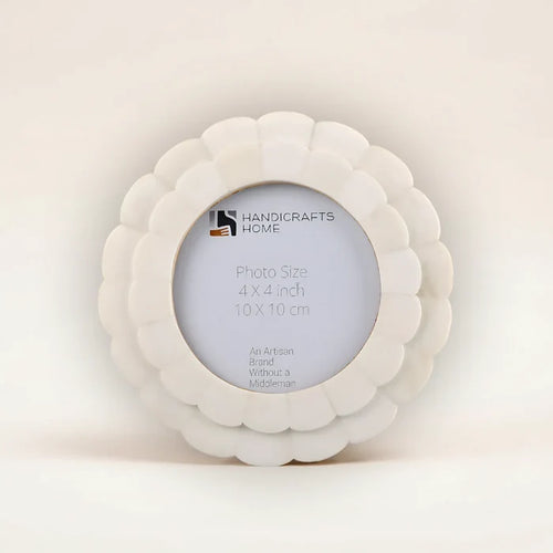 Handmade Scalloped Picture Frame - White Bone Inlay - 4 In Round Photo Frame, for tabletop or wall display
