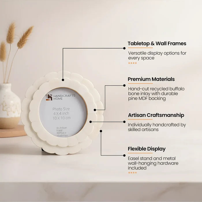 Scalloped Picture Frame | White Bone Inlay | 4 In Round Photo Frame