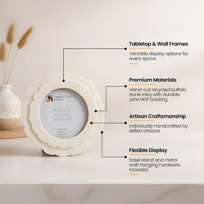Scalloped Picture Frame | White Bone Inlay | 4 In Round Photo Frame