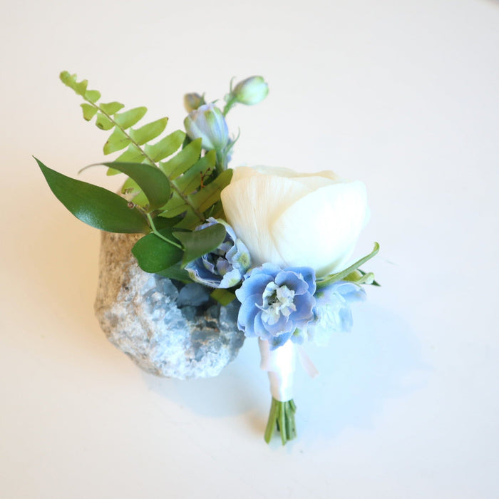 Blue and white boutonniere Rochester wedding florist