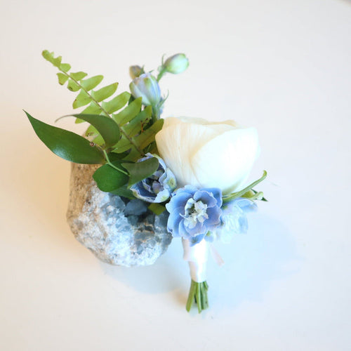 Blue and white boutonniere Rochester wedding florist