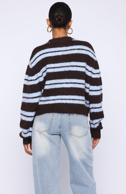 Ice Bae Stripe Knit Cardigan Blueberry Chocolate Stripe