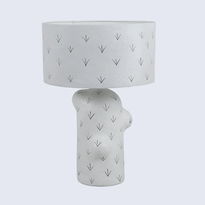 Handmade White Sculptural Paper Mache Accent Lamp with Patterned Shade, for ambient lighting