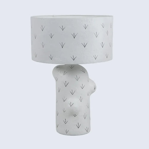 Handmade White Sculptural Paper Mache Accent Lamp with Patterned Shade, for ambient lighting