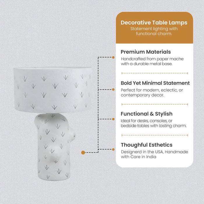 White Sculptural Paper Mache Accent Lamp with Patterned Shade