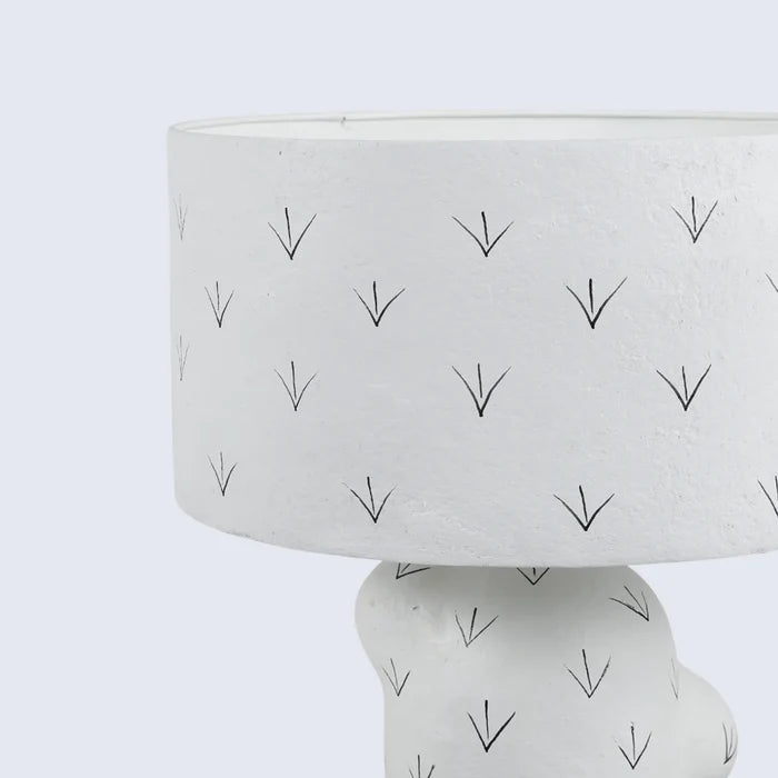 White Sculptural Paper Mache Accent Lamp with Patterned Shade
