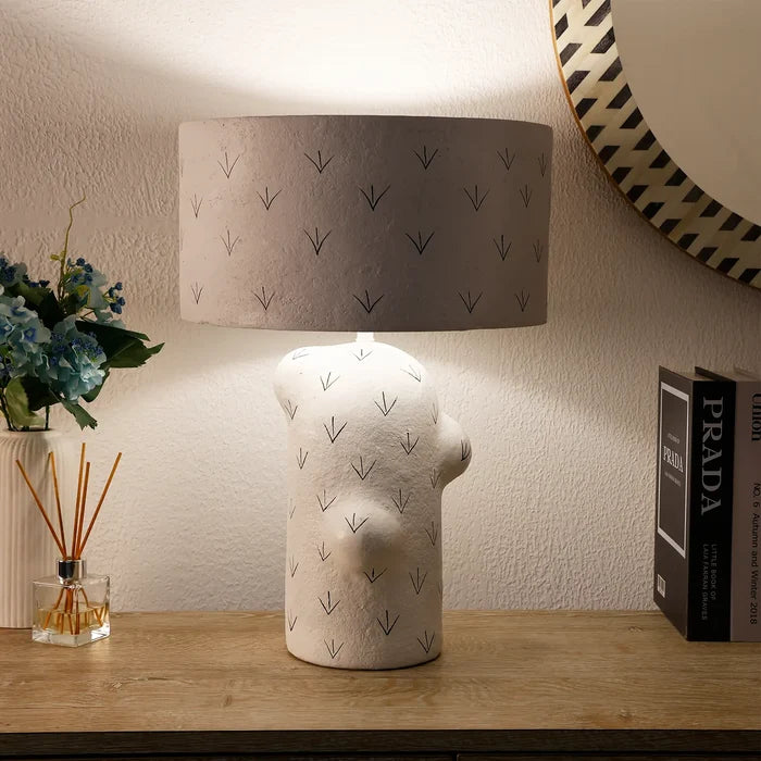 White Sculptural Paper Mache Accent Lamp with Patterned Shade