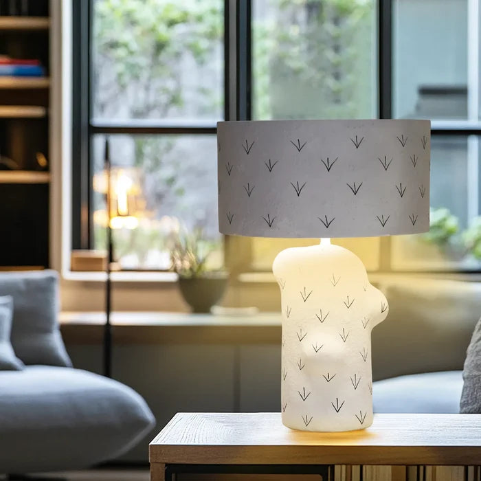 White Sculptural Paper Mache Accent Lamp with Patterned Shade