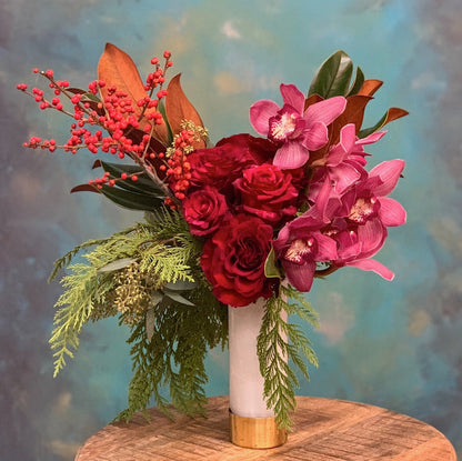half dozen Roses and orchids glass vase